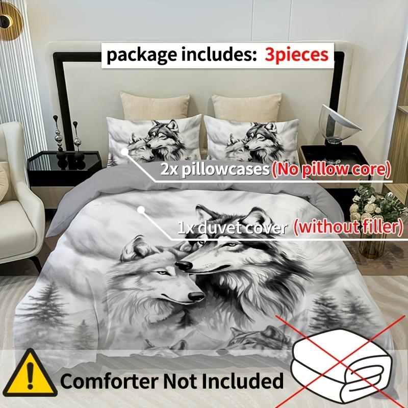 3 шт. Пододеяльник с рисунком тушью «Волк», Удобная ткань 100% полиэстер, 1 пододеяльник, 2 наволочки, без наполнителя, на четыре сезона