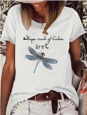Модная женская упрощенная трехмерная футболка с принтом стрекозы и буквами, забавная повседневная футболка с круглым вырезом и короткими рукавами, летняя женская футболка