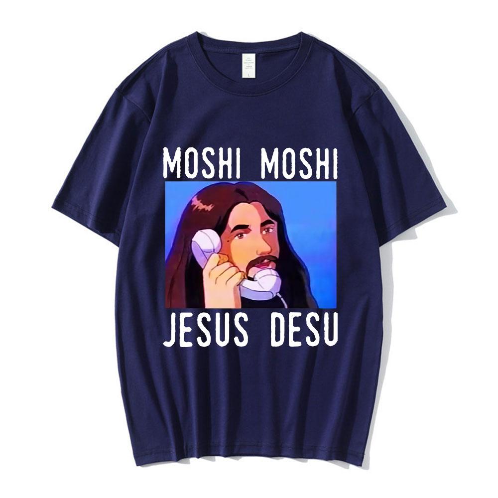 Nicolas Cage Moshi Moshi Jesus Desu T-Shirt Men Funny Meme Picolas Cage Awesome T-shirts Polyester Short Sleeve T Shirt Clothing