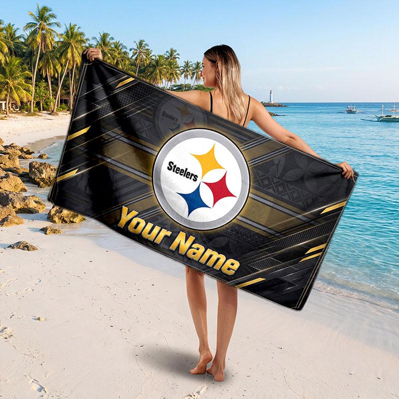 Pittsburgh Steelers Customized Name Text Beach Towel, Soft Absorbent Towel Beach Pool Travel Personal Gift
