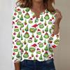 Women's Fashion Casual V-Neck Long Sleeve Decorative Button Christmas Print Top