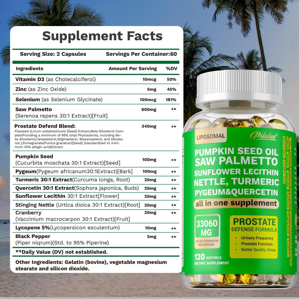 Prostate health supplement, 33060 mg per serving, contains saw palmetto and pumpkin seed extract, for men's prostate health.
