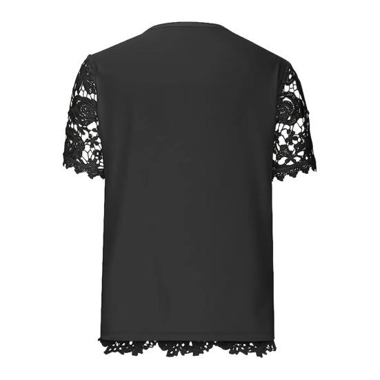 Women T-shirt V-neck Short Sleeve Casual Tee Shirt Hollow Embroidery Lace Pullover Tops Streetwear