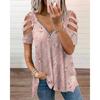 Summer Casual Women Plus Size Hollow V Neck Short Sleeve Zipper T Shirt Top