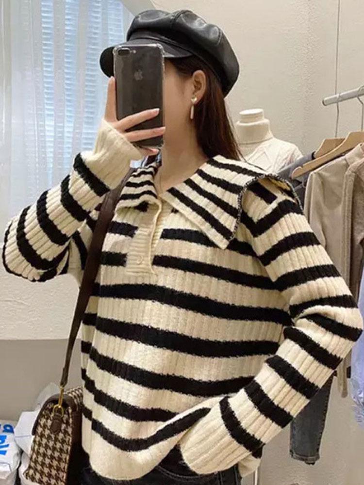 Women's 2024 Hot Style Thickened Striped Sweater with Navy Collar - Lazy Niche Design for Autumn and Winter
