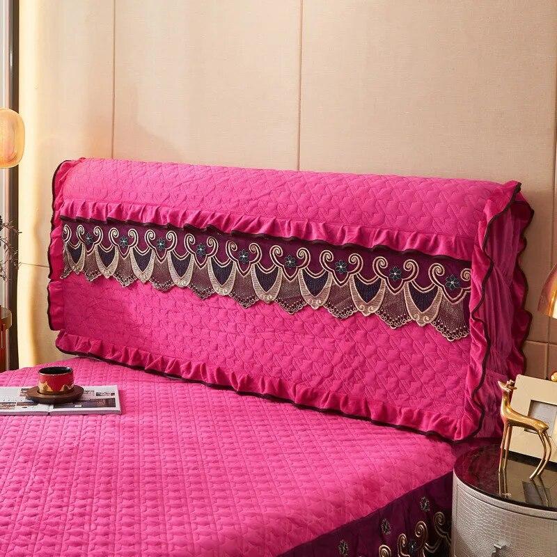 Lace Headboard Cover for Queen Bed Plush Velvet Double Size King Quilted Anti-collision Full Coverage Back Protector with Pocket