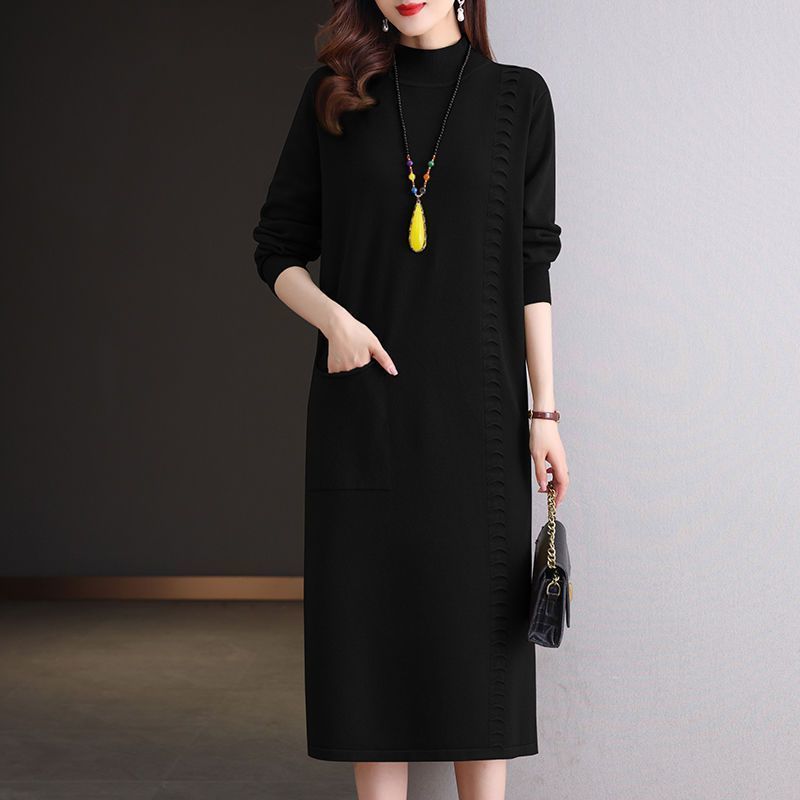 Вязаное платье длиной до колена Женское платье средней длины свободного кроя Большого размера Платье-свитер Однотонный Повседневный Пуловер с полувысоким воротом