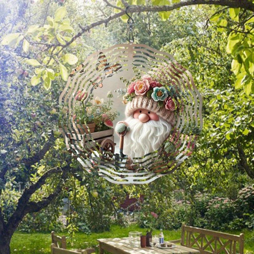 Garden Gnome Wind Chime Outdoor Hanging Decor with Floral Hat for Patio Wedding Birthday Christmas Gift Holiday Metal Weather Resistant