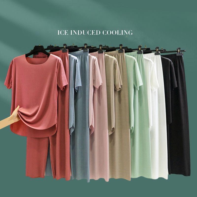 2025 Весна и лето Пижама из ледяного шелка, два предмета, короткие рукава, длинные брюки, цветной, большой размер, дышащий, одежда для отдыха, домашний костюм
