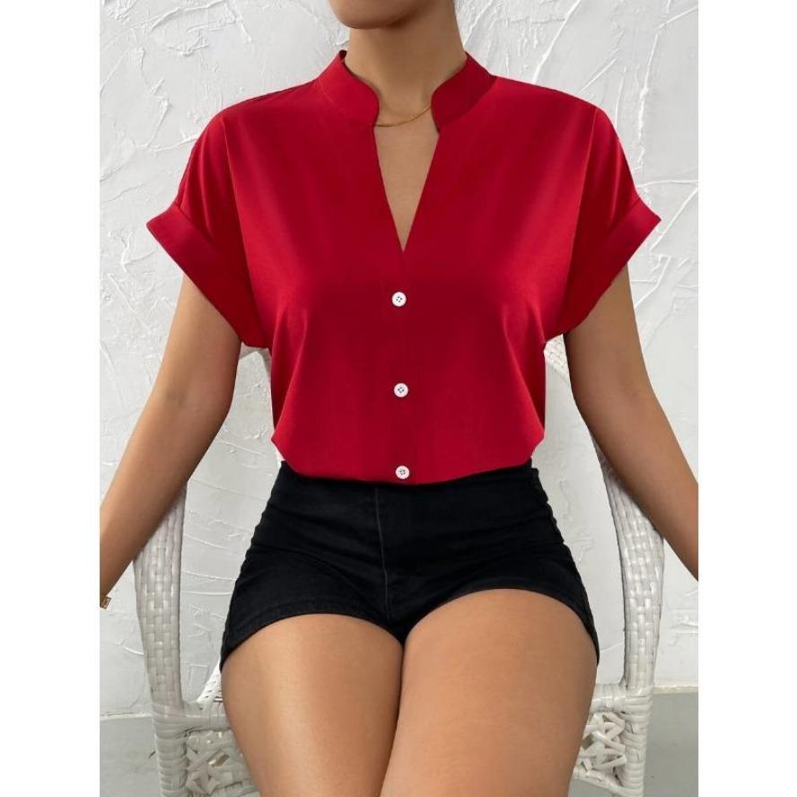 YYFS Women's Fashion Casual Summer Spring Solid Color Print Short Sleeve V-Neck Blouses & Shirts