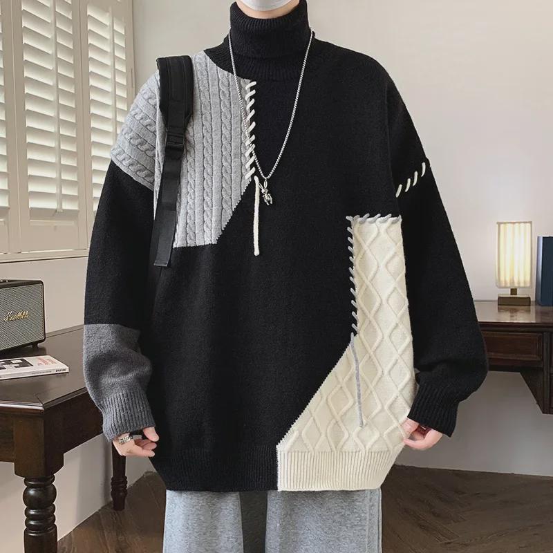 Men's Warm Knitted Winter Turtleneck Sweater - Contrast Design, Long Sleeve
