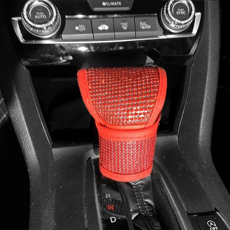 Bling Car Accessories Women Handbrake Gear Shift Rearview Mirror Armrest Cover Shoulder Pad Red Rhinestone Decoration Styling