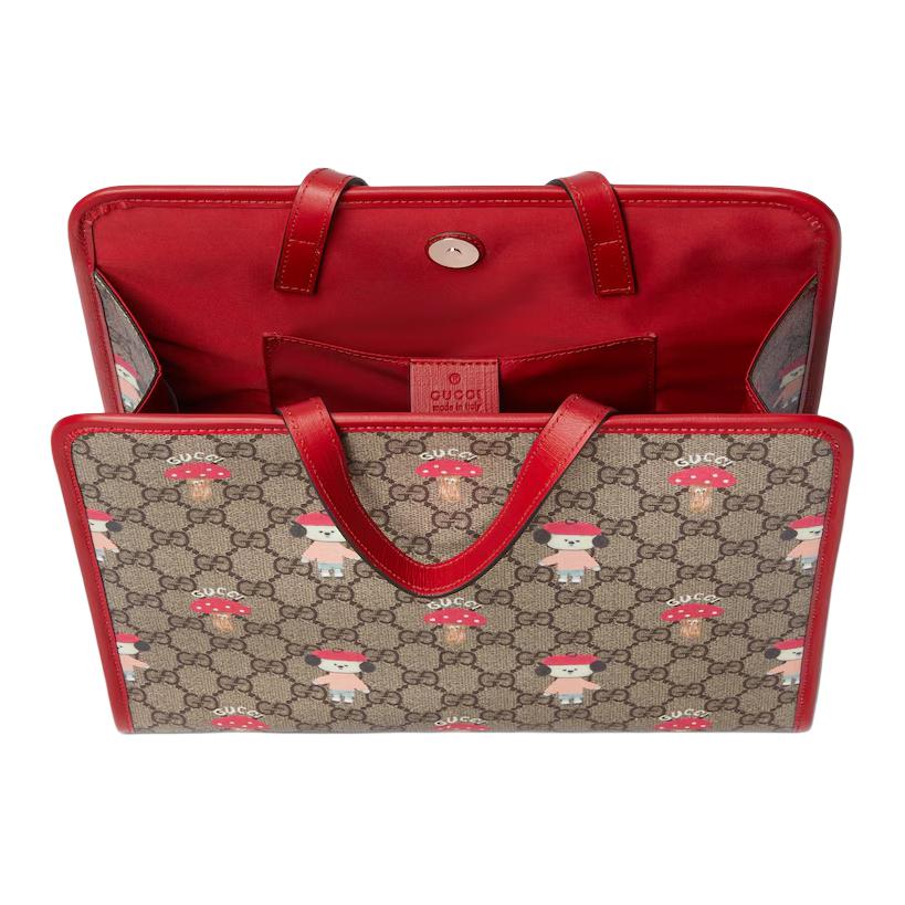 Gucci GG Supreme Bear And Mushroom Print Tote Bag Kids Tote Bags Beige Dark-Brown 605614-FADWJ-9742