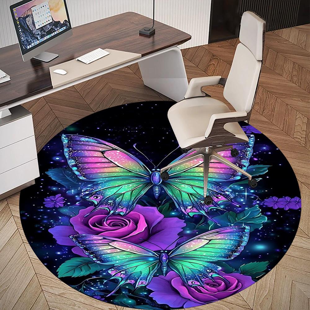 1pc Butterfly Roses Round Chair mat office Area Rug - Non-Slip, Floor Mat for Office, Bedroom, and Indoor Decor p127126
