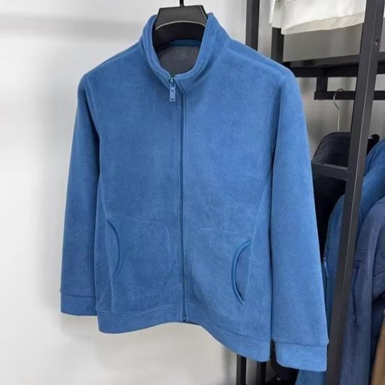 Men Coat Stand-Up Collar Long Sleeve Zipper Closure Polar Fleece Jacket with Pockets Winter Thickened Warm Outerwear