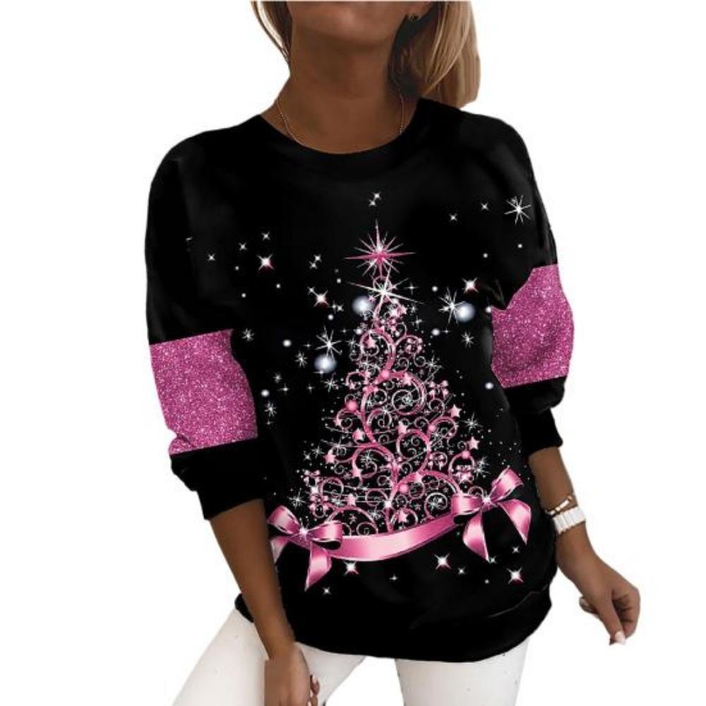 Christmas Women Sweatshirt Designer Round Neck Long Sleeve Loose Casual Christmas Tree Design Interesting Graphic Print Top