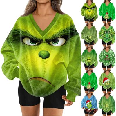 Женский модный пуловер с V-образным вырезом, рождественским принтом, длинным рукавом, повседневный, плюшевый, теплый, с карманом, толстовка, топ