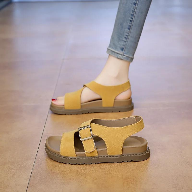 Женские сандалии Лето Новые Однотонные С открытым носком Плоские Повседневные Шлепанцы Пряжка Улица Пляжные Сандалии Сандалии Женские