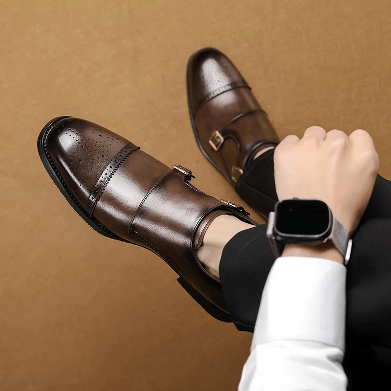 Мужские черные низкие кожаные туфли с двумя пряжками, классические, модные, деловые, банкетные, вечерние, коричневые, заостренные кожаные туфли