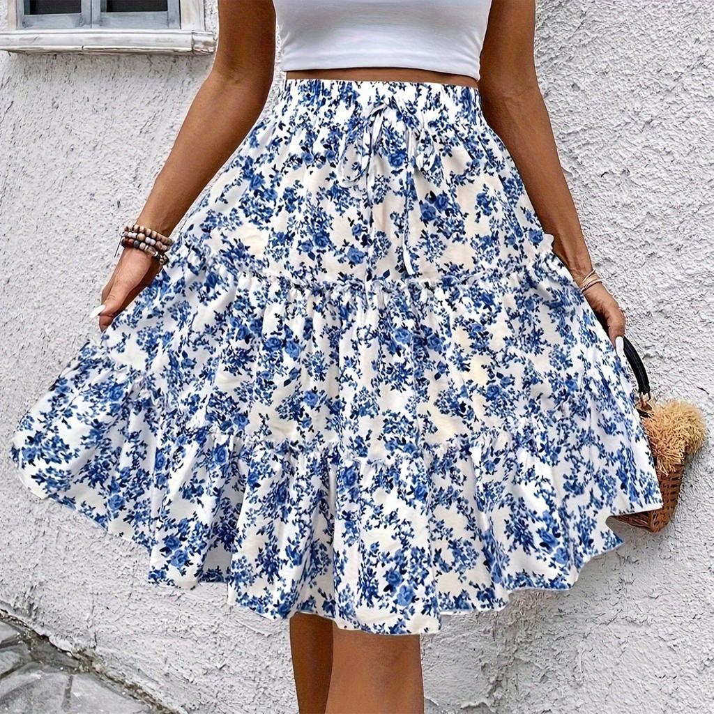 Women's Fashionable Floral Print Elastic Waist Strap Versatile Casual Skirt