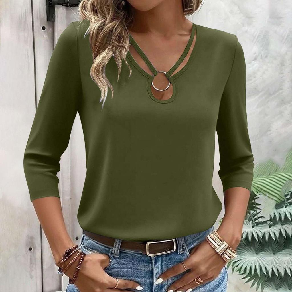 Women's T-shirt Solid Color V Neck 3/4 Sleeve Top