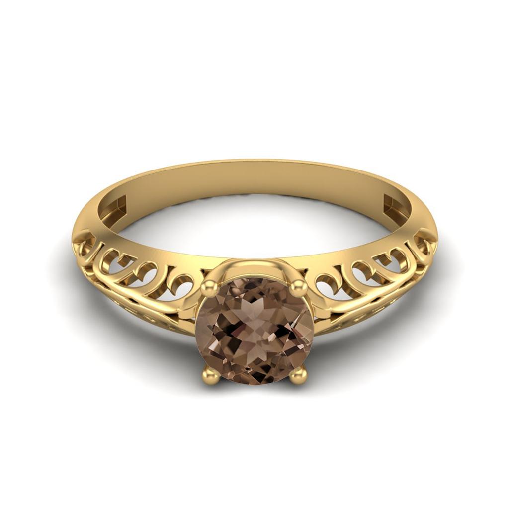 0.85 Ctw Round Smoky Quartz 925 Sterling Silver Gold Vermeil Solitaire Filigree Women Promise Ring