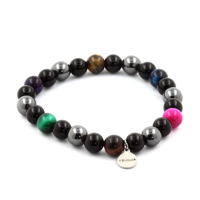 Stones and Minerals. Multicolored Tiger Eye + Hematite + Black Agate Bead Bracelet 8 Made In France.