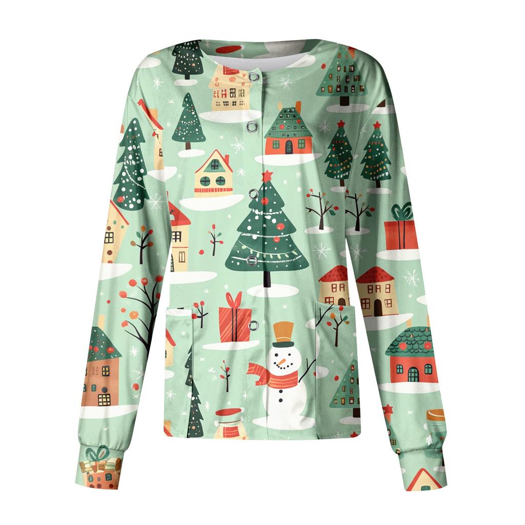 Women's Casual Long Sleeve Single Breasted Christmas Printed Dry-nurse Top
