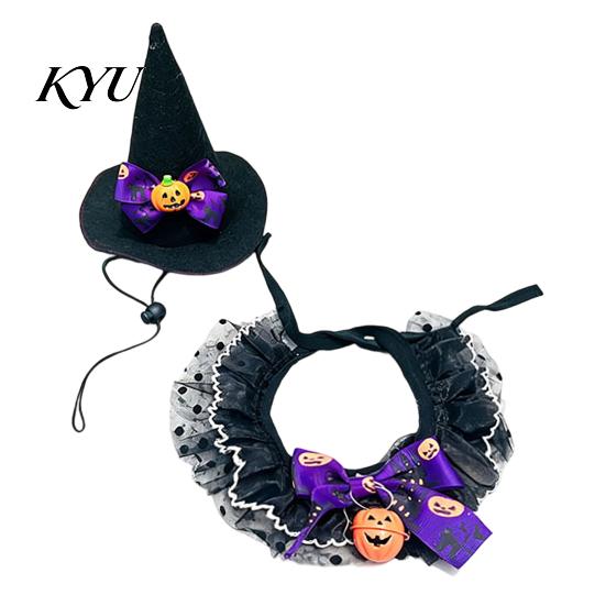 Funny Halloween Pet Accessories 1 Set Cat Costume, Wizard Hat And Lace Bandana, Ruffled Bib Witch Scarf with Bow Bell, Holiday Party Outfit for Small