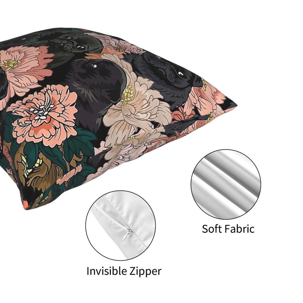 Черный мопс Цветочная наволочка Домашняя декоративная Подушки с собаками Подушка для дивана для машины Полиэстер Двусторонняя печать Досуг