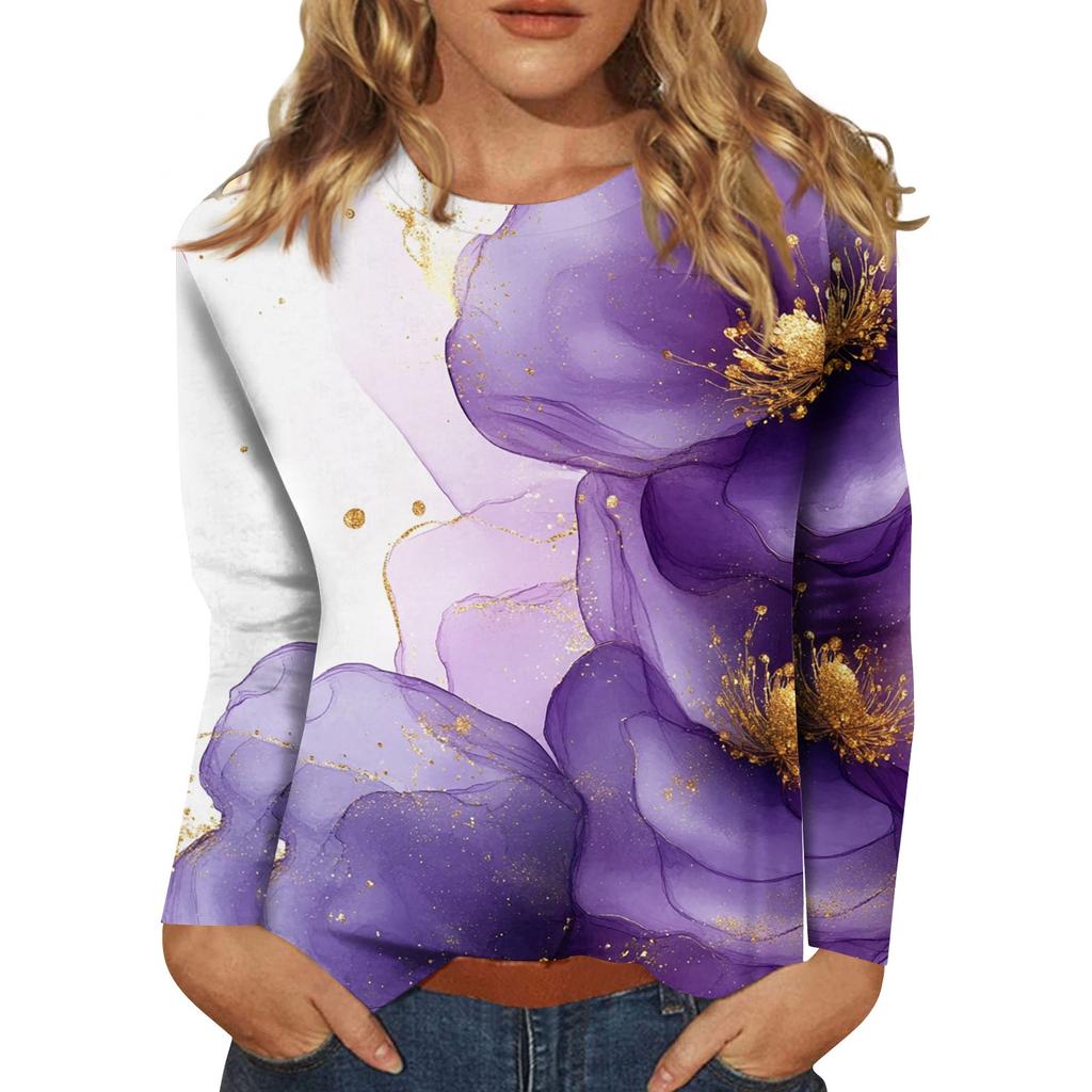 Женская мода повседневный топ с длинным рукавом и круглым вырезом с цветочным принтом
