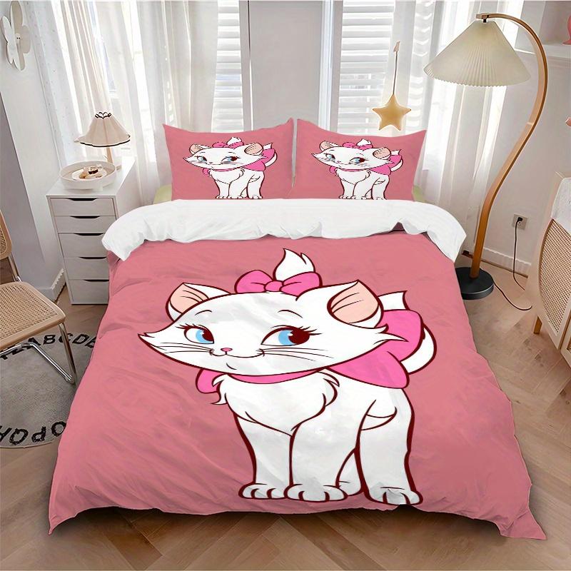 3pcs Adorable Aristocats Marie Cat Pink Bow Printed Bedding Set, Soft and Comfortable Quilt Cover for Bedroom, Guest Room (1 Duvet Cover + 2