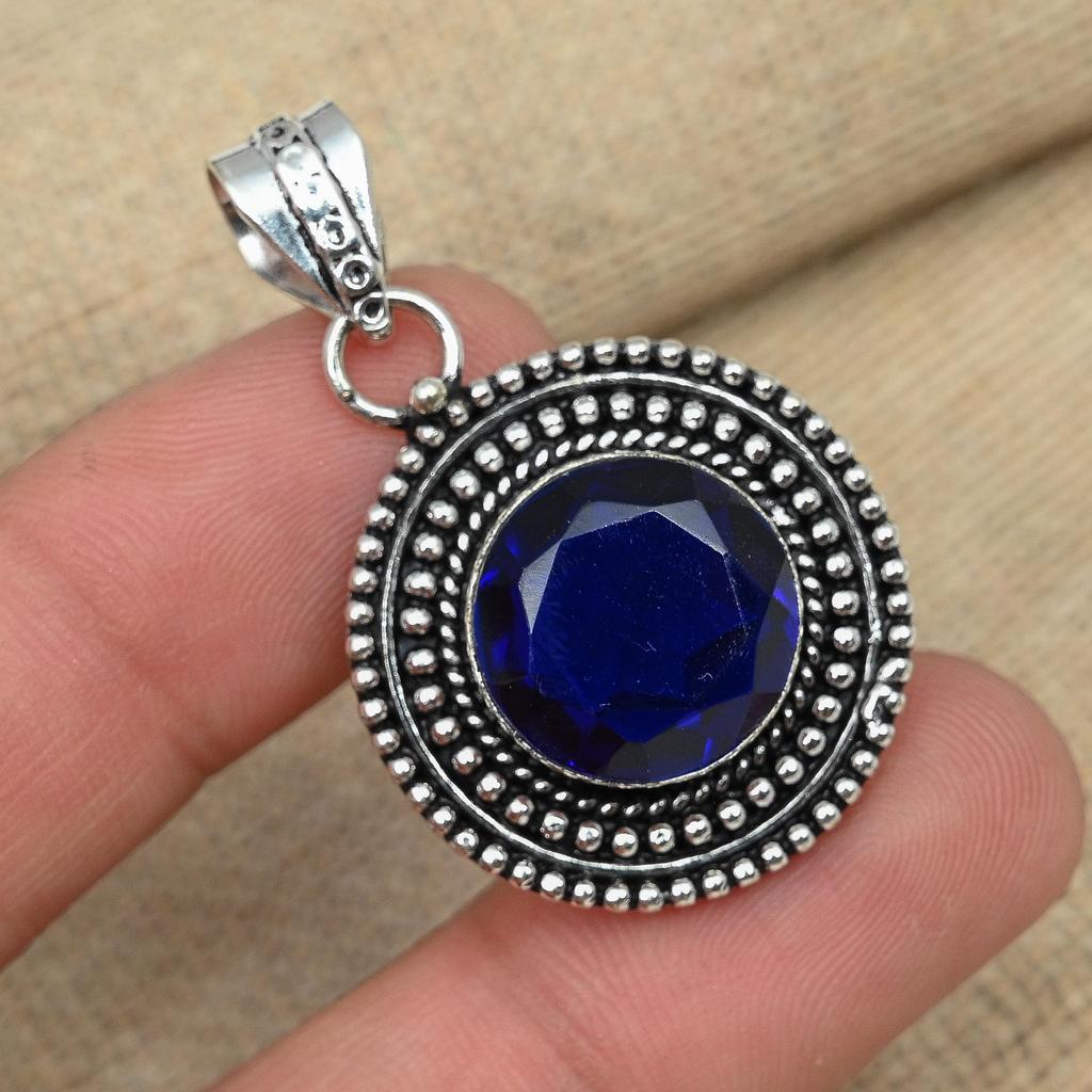 Синий сапфировый драгоценный камень, созданный в лаборатории, кулон ручной работы из стерлингового серебра 925 пробы для нее