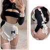 Maid Costume Cosplay Sexy Large Size Chubby Long Sleeve Leotard High Leg Apron Sexy Costume Lingerie Black White Extreme Underwear Babydoll Lace 5