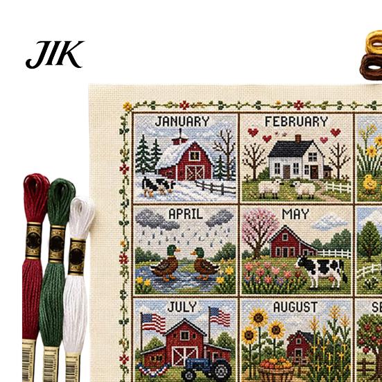Full Set Embroidery Thread Fabric 12-Month Cross Stitch Kit, DIY Four Seasons Seasonal Complete Needlework Supplies for Adults Stamped Stitching Craft