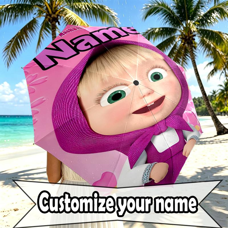 Custom Name Personalized Masha and The Bear Print Umbrella, Auto Open Close, 8‑Rib Sturdy Frame, Commute Camping Hiking Use, Birthday Gift