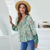 Women's Summer V Neck Printed Lantern Long Sleeve Loose Top