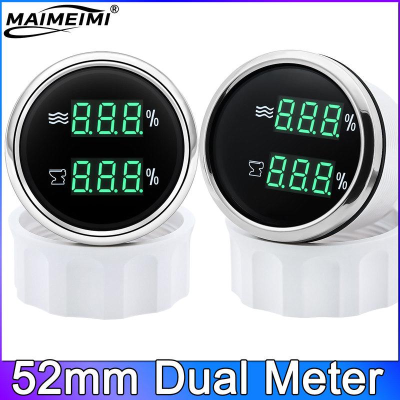 Digital Dual Meter 52mm Gauge Water Level Gauge+Sewage Level Gauge 0-190 ohm with Alarm HTG for Car Boat Yacht 12V24V Green
