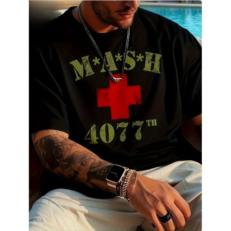 Мужская футболка европейского размера, винтажный узор, повседневная, свободная, с коротким рукавом, с красным крестом и принтом, круглый вырез, удобная, прочная одежда