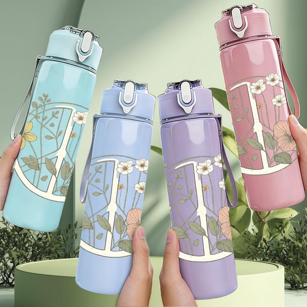 1PC Wreath Wildflower Line Art 750ml Color Plastic Sports Water Bottle Leakproof Flip Straw Lid Suitable for Sports Office Home Use