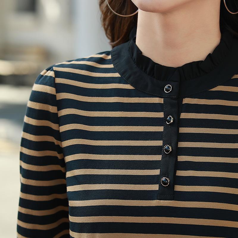 Полосатая футболка для женщин, с длинным рукавом, полуводолазка, хлопковые осенние повседневные женские футболки, свободные топы, женская одежда