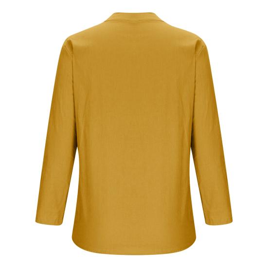Women Casual Shirt V-Neck Buttons Half Placket Long Sleeve Blouse Solid Color Loose Fit Tunic Tops Office Lady Shirt