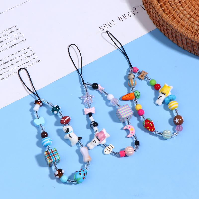 Y2K Aesthetic Beaded Phone Chain Ins Style Cartoon Mobile Phone Lanyard Keycord Anti Lost Key Strap Bag Pendant Cellphone Straps