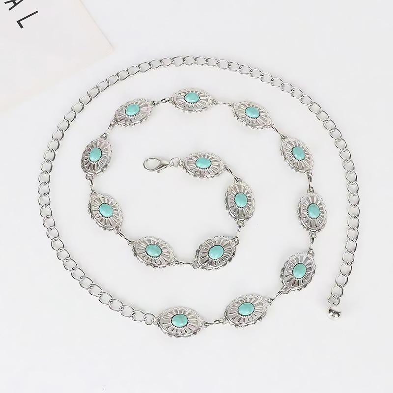 Bohemian Style Oval Turquoise Waist Chain Retro Decoration Belts For Women Girls  Versatile Dress Coat Carved Accessories