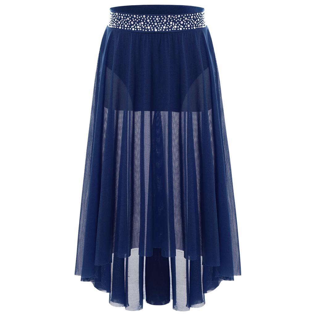 Юбка для лирического танца для девочек с блестящим поясом из стразов, сетчатая юбка хай-лоу, боковой разрез, современный