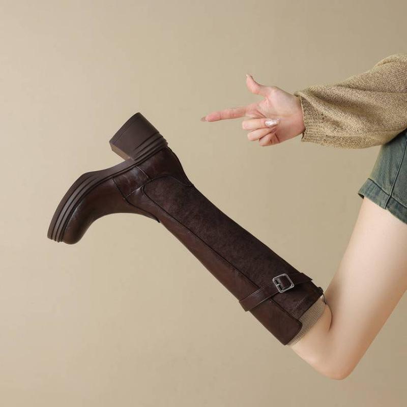 Новые женские ботинки Мартина на толстой подошве с задней молнией, однотонные, с круглым носком, на высоком каблуке, больших размеров, кожаные ботинки, осенне-зимние, на квадратном каблуке, высокие