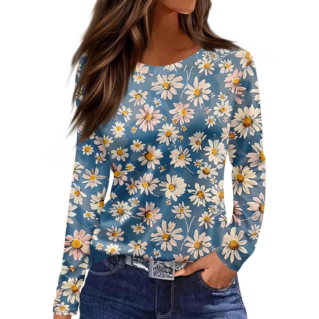 Women's Casual T-shirt 3D Printed Floral Floral Print Round Neck Retro Elegant Long Sleeves Women's Fashion Pullover Long Sleeve