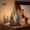 LED Lighted Xmas Tree Wooden Christmas Table Decor with Light, Rustic Standing Sign Ornament Reindeer Santa Claus for Holiday Tiered Tray, Home