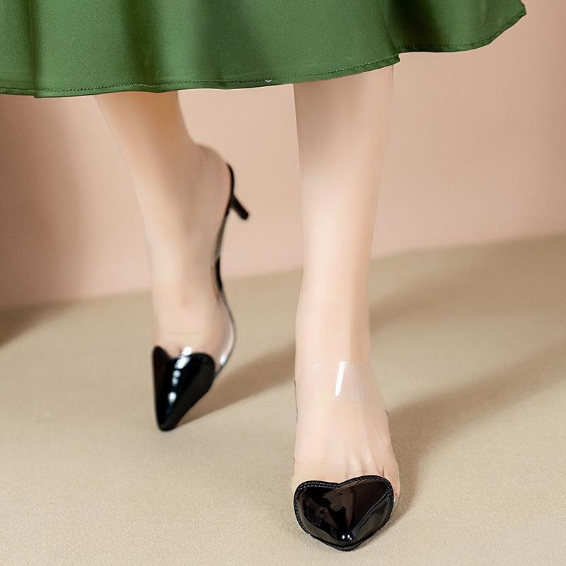 Весенние модные простые лакированные кожаные полутапочки персикового цвета с острым носком в форме сердца, женские сандалии Baotou на высоком каблуке на тонком каблуке, удобная элегантная обувь