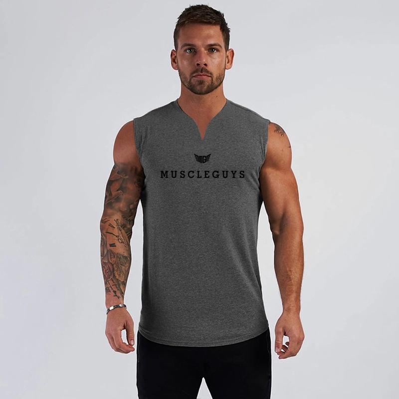 Gym T-shirt Men's Cotton V-neck Fitness Workout Tight Sleeveless T-shirt Men's Bodybuilding Sports T-shirt Top Summer Clothing